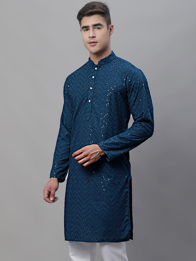 Men's Peacock Blue Embroidered Sequined Kurta