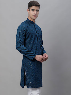 Men's Peacock Blue Embroidered Sequined Kurta