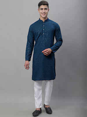 Men's Peacock Blue Embroidered Sequined Kurta