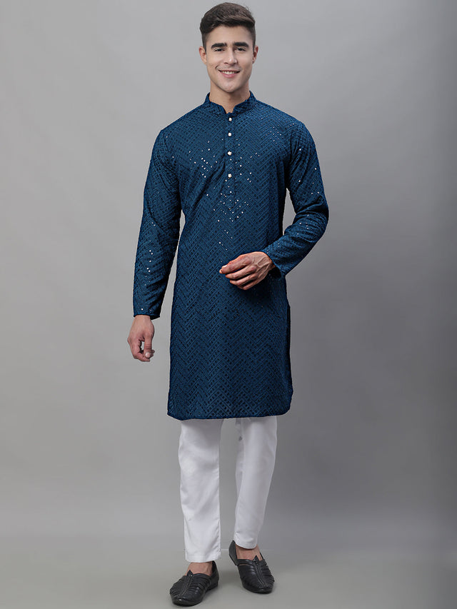 Men's Peacock Blue Embroidered Sequined Kurta