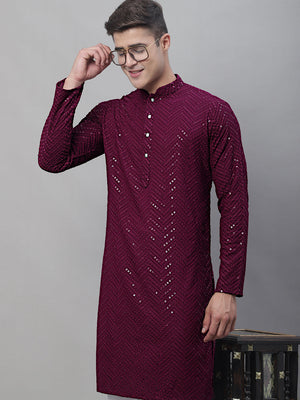 Men's Purple Embroidered Sequined Kurta