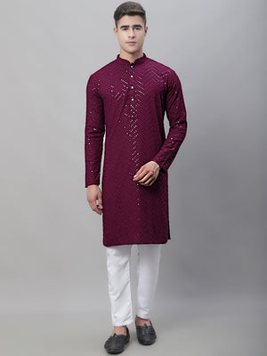 Men's Purple Embroidered Sequined Kurta