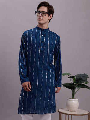 Men's Blue Embroidered Mirror Work Kurta (KO_694Peacock)