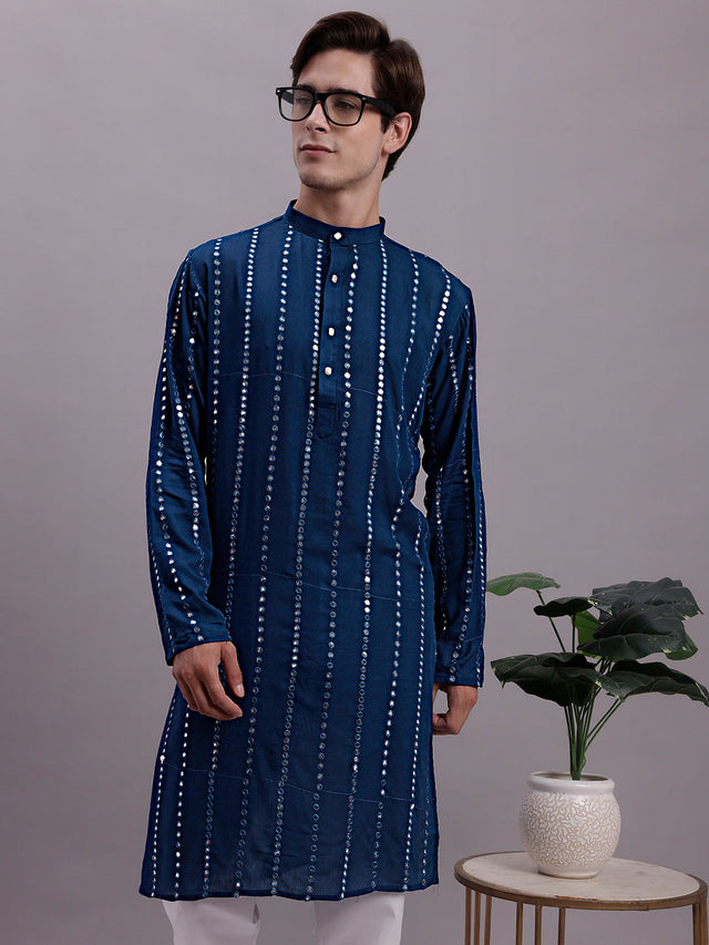Men's Blue Embroidered Mirror Work Kurta (KO_694Peacock)
