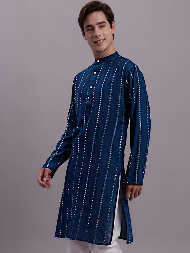 Men's Blue Embroidered Mirror Work Kurta (KO_694Peacock)