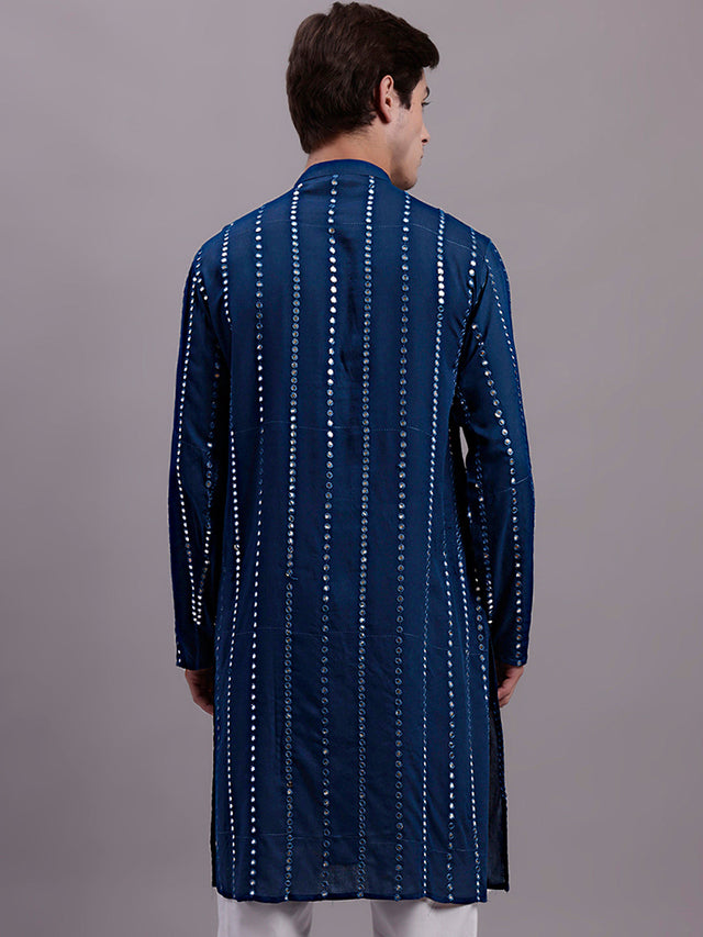 Men's Blue Embroidered Mirror Work Kurta (KO_694Peacock)