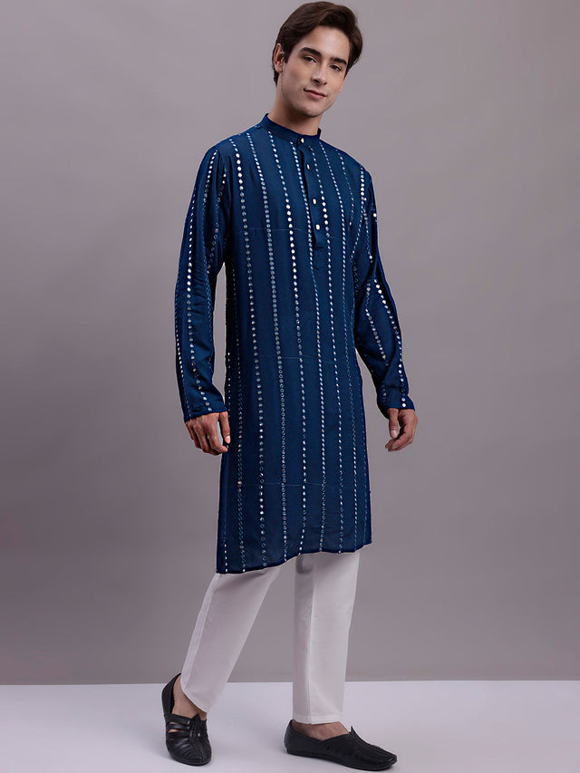 Men's Blue Embroidered Mirror Work Kurta (KO_694Peacock)