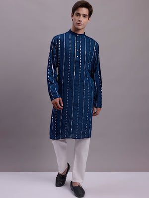 Men's Blue Embroidered Mirror Work Kurta (KO_694Peacock)