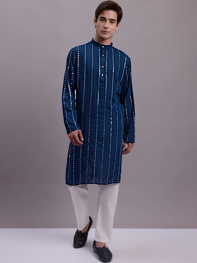 Men's Blue Embroidered Mirror Work Kurta (KO_694Peacock)