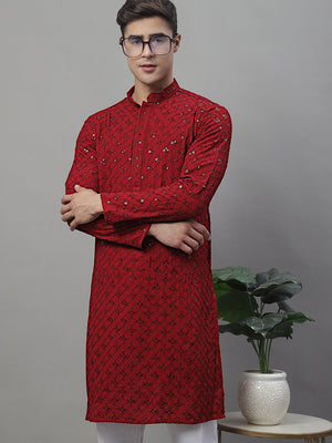 Men's Maroon  Chikankari Embroidered And Sequin Kurta