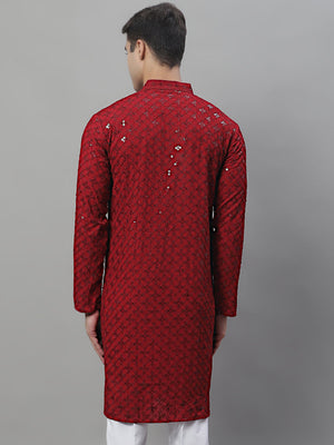 Men's Maroon  Chikankari Embroidered And Sequin Kurta