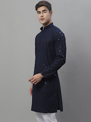 Men's Navy Blue Chikankari Embroidered And Sequin Kurta