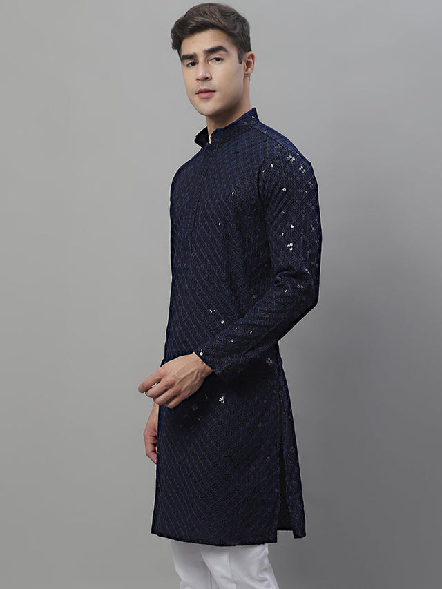 Men's Navy Blue Chikankari Embroidered And Sequin Kurta