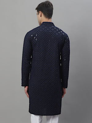 Men's Navy Blue Chikankari Embroidered And Sequin Kurta