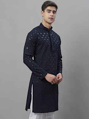 Men's Navy Blue Chikankari Embroidered And Sequin Kurta