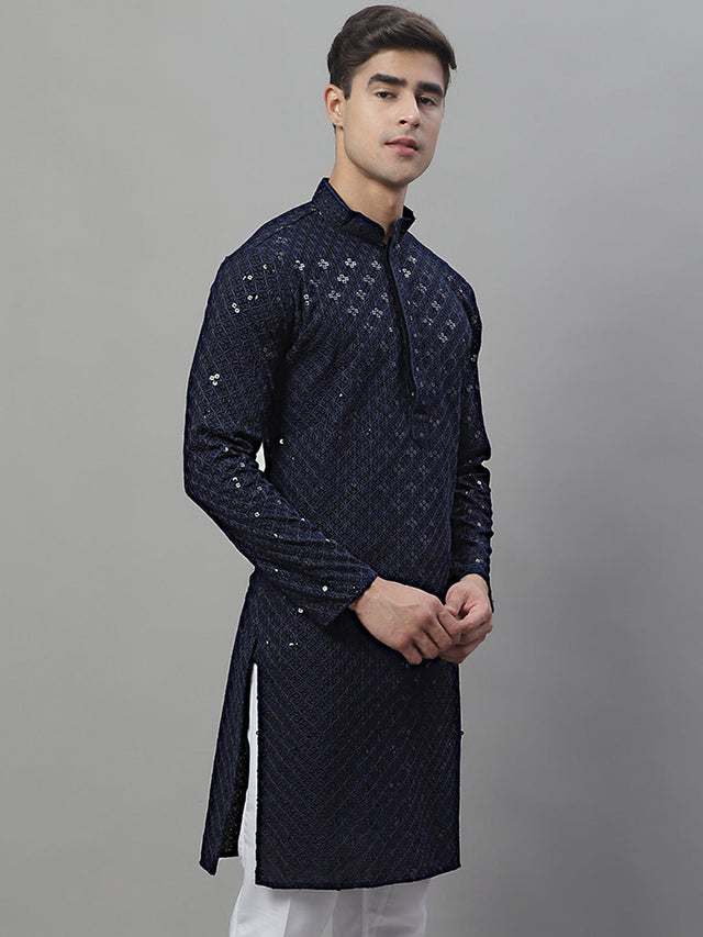 Men's Navy Blue Chikankari Embroidered And Sequin Kurta