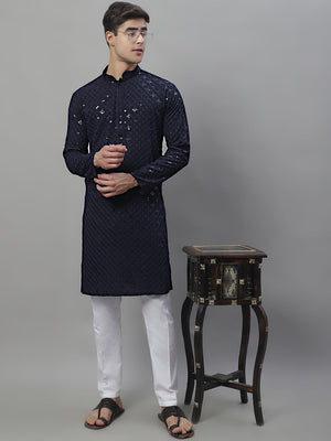 Men's Navy Blue Chikankari Embroidered And Sequin Kurta