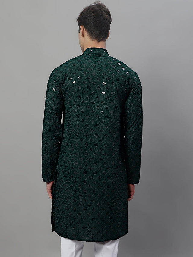 Men's Olive Green Chikankari Embroidered And Sequin Kurta