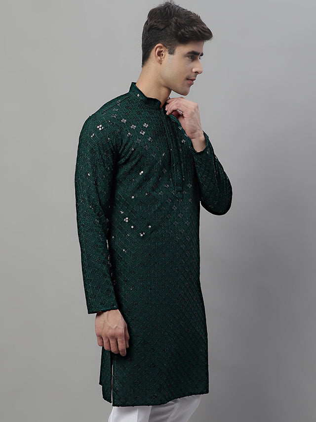 Men's Olive Green Chikankari Embroidered And Sequin Kurta