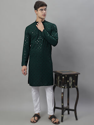 Men's Olive Green Chikankari Embroidered And Sequin Kurta