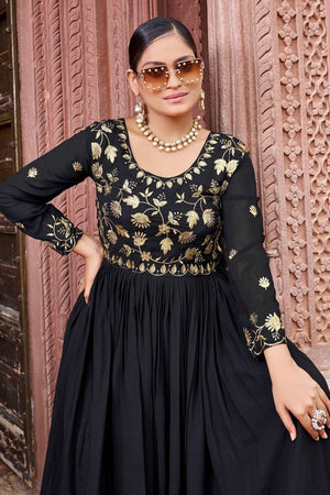 Black Floral Embroidered Georgette Gown