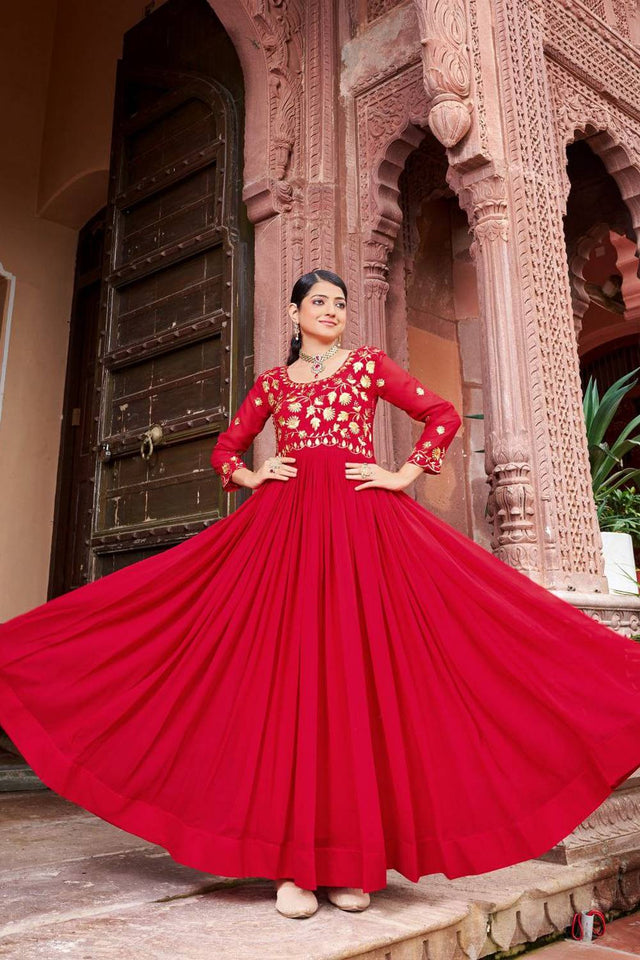 Maroon Floral Embroidered Georgette Gown
