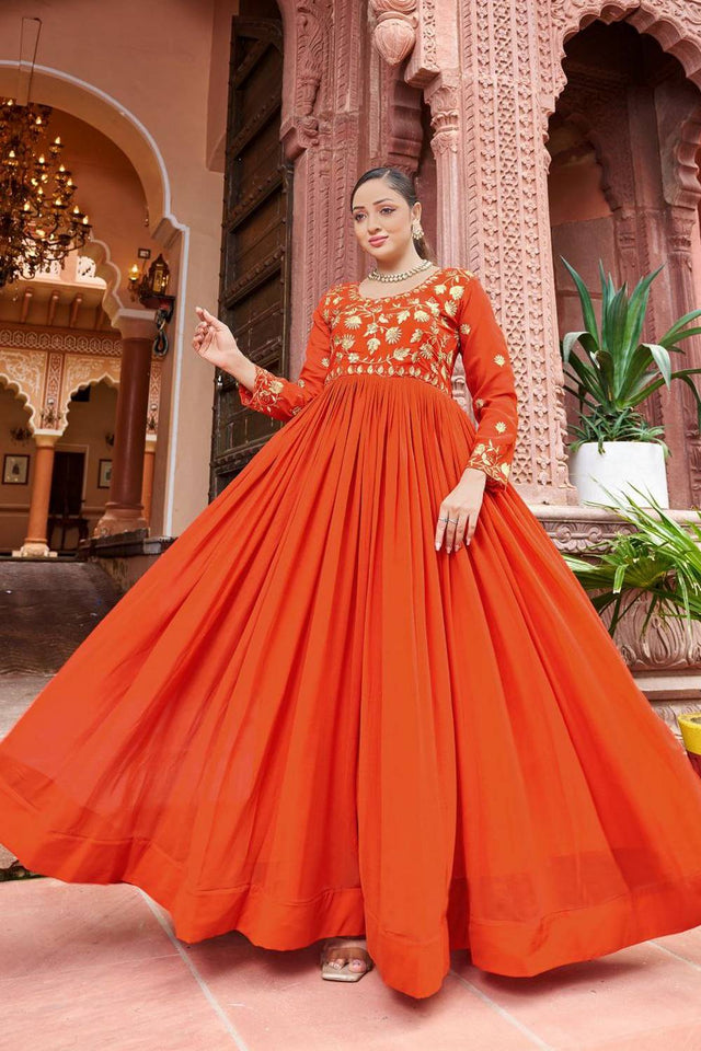Rust Floral Embroidered Georgette Gown