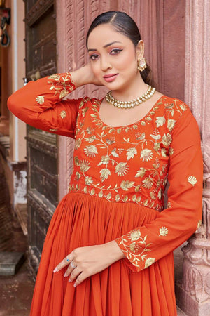 Rust Floral Embroidered Georgette Gown