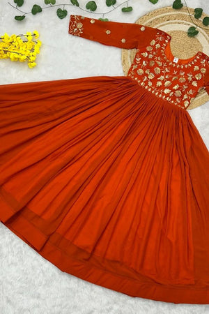 Rust Floral Embroidered Georgette Gown