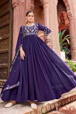 Blue Floral Embroidered Georgette Gown