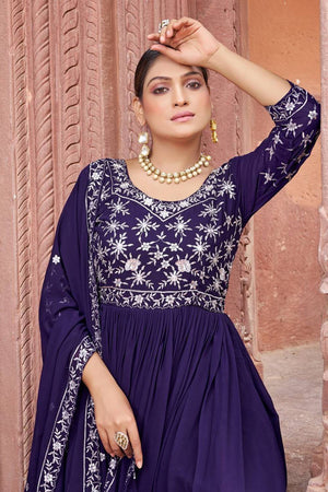 Blue Floral Embroidered Georgette Gown