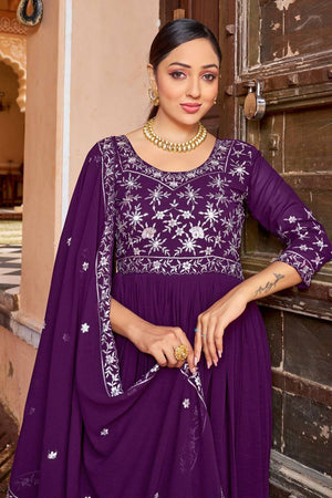 Violet Floral Embroidered Georgette Gown