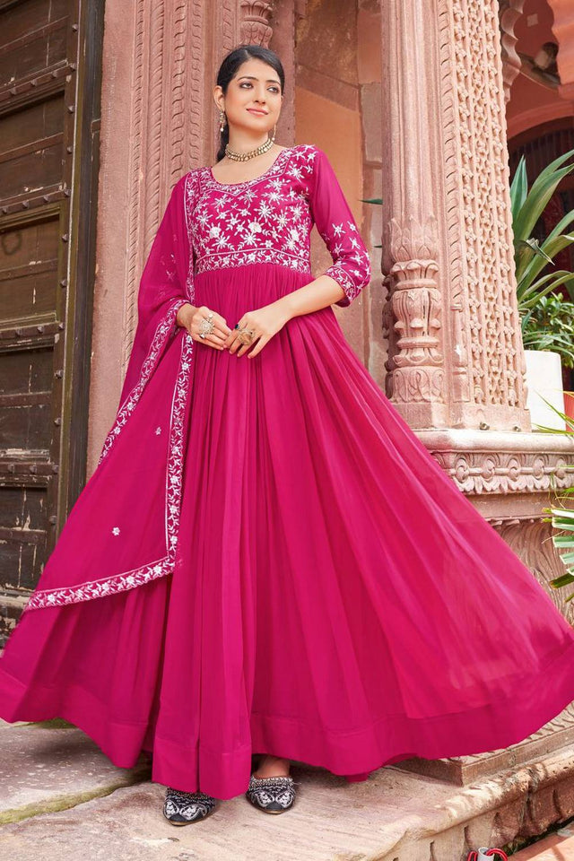 Dark Pink Floral Embroidered Georgette Gown