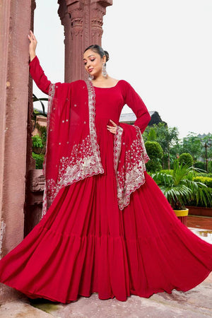Red Solid Georgette Gown
