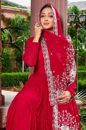 Red Solid Georgette Gown