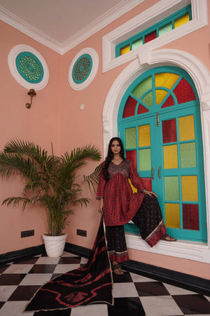 Red Ajrakh Printed Cotton Kurti Palazzo Set