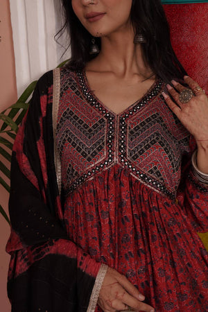 Red Ajrakh Printed Cotton Kurti Palazzo Set