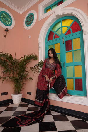 Red Ajrakh Printed Cotton Kurti Palazzo Set