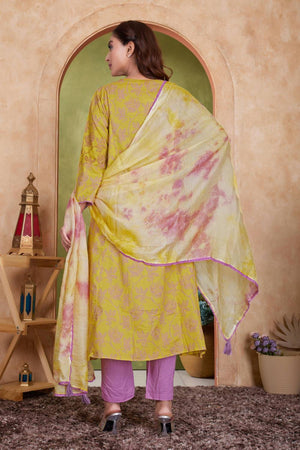 Mustard Floral Printed Cotton Kurti Pant Set