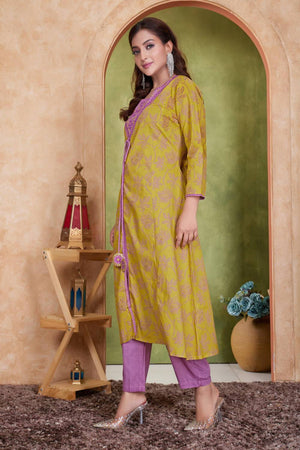 Mustard Floral Printed Cotton Kurti Pant Set