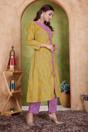 Mustard Floral Printed Cotton Kurti Pant Set