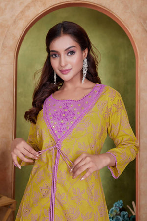 Mustard Floral Printed Cotton Kurti Pant Set