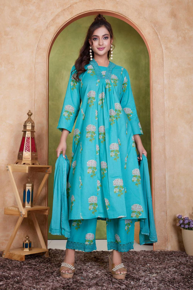 Blue Floral Printed Cotton Anarkali Suit Set