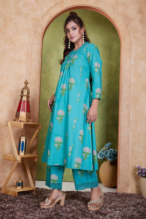 Blue Floral Printed Cotton Anarkali Suit Set