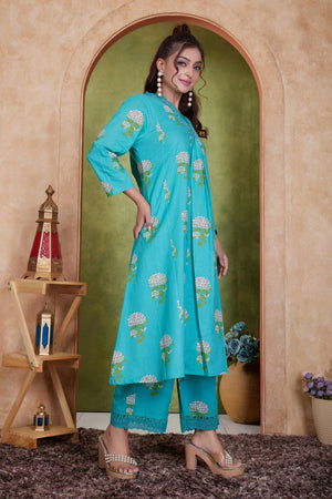 Blue Floral Printed Cotton Anarkali Suit Set