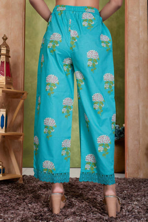 Blue Floral Printed Cotton Anarkali Suit Set