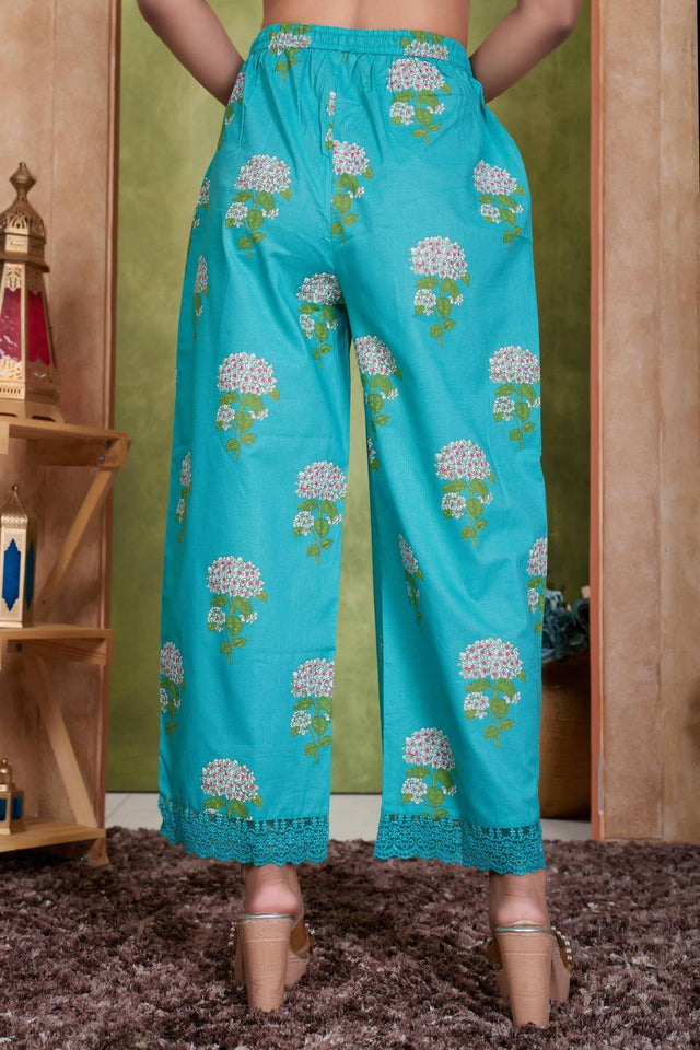 Blue Floral Printed Cotton Anarkali Suit Set