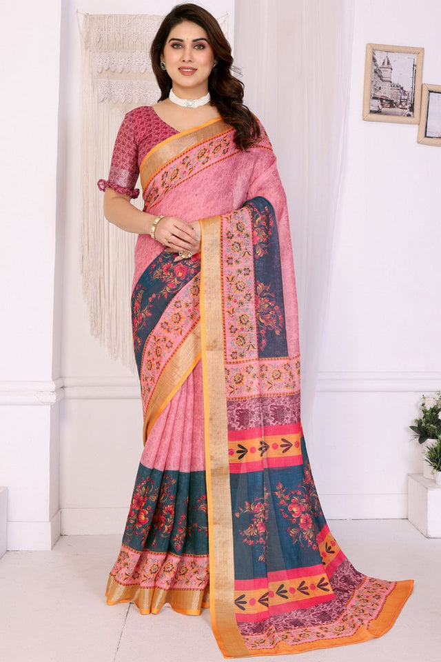 Peach Abstract Printed Linen Saree (LILEN-06PEACH)