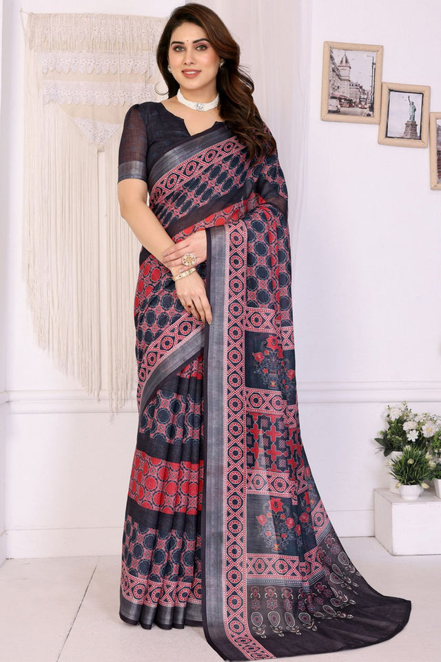 Black Abstract Printed Linen Saree (LILEN-07BLACK)