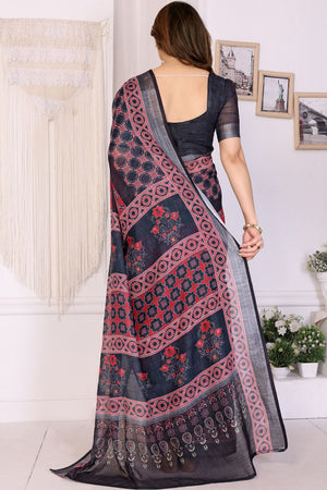 Black Abstract Printed Linen Saree (LILEN-07BLACK)